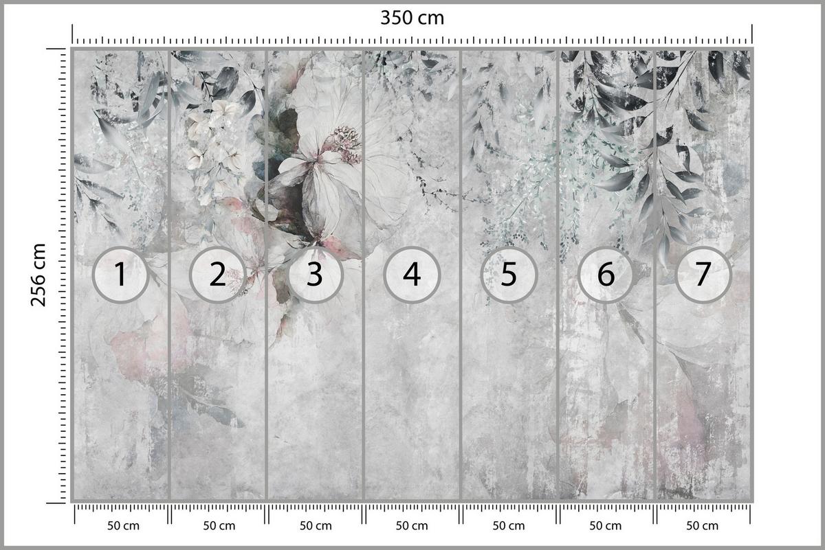 FOTOTAPETE für Büro Zarte Blätter Grau Betonwand Blumen Natur 350x256 - Grau, Papier (350/256cm) - Muralo