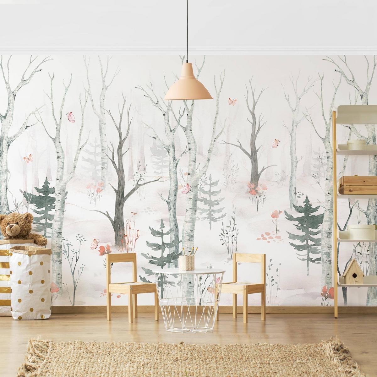 FOTOTAPETE Birkenwald mit Mohnblumen 432/290 cm - Eichefarben, Papier (432/290cm) - Bilderwelten