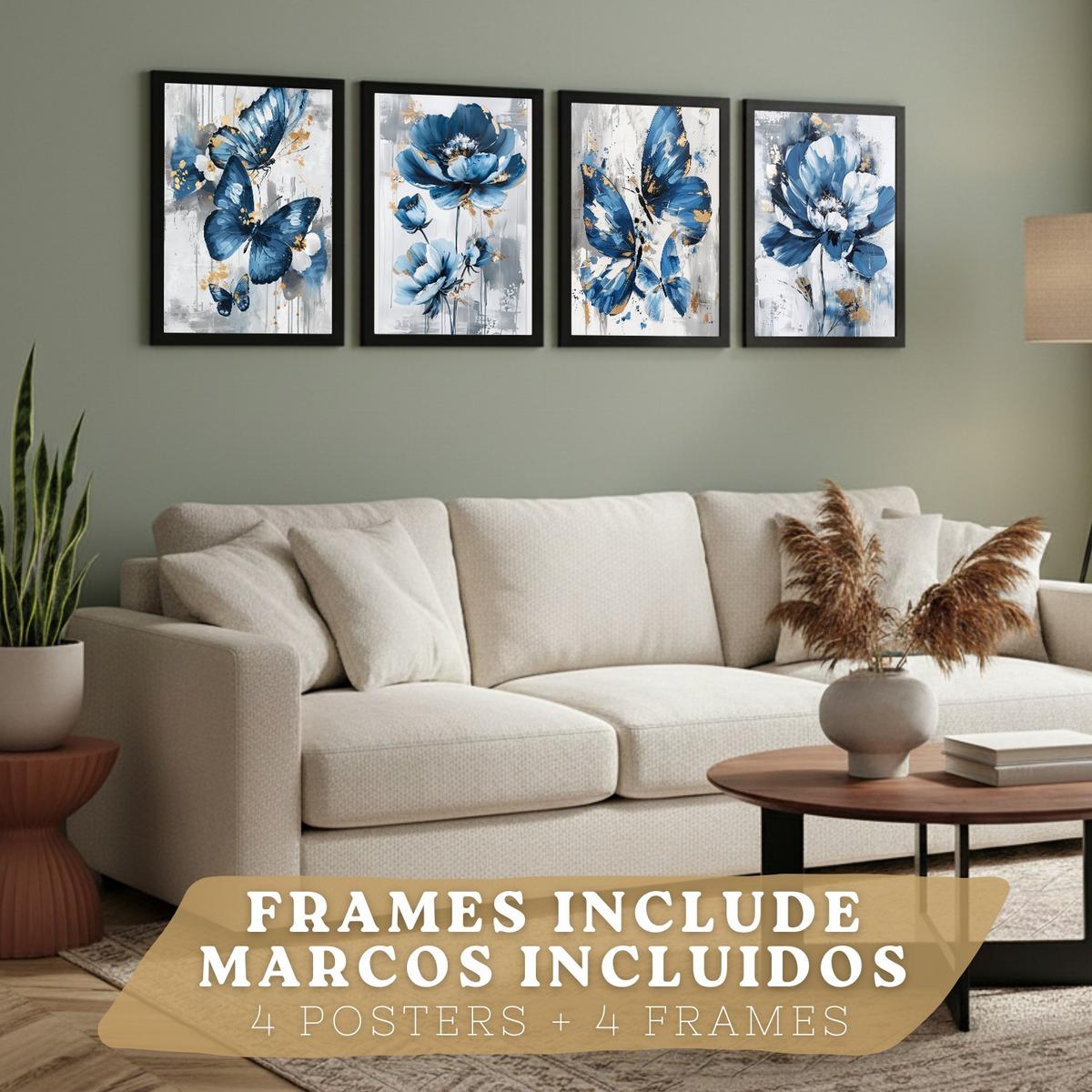 POSTER 4er Kunstdruck-Set Wandbilder Blumen Blau Schmetterlinge modern Wohnzimmer Deko, Schlafzimmer, Küche, Badezimmer Rahmenlos A3 - Schwarz, Papier (29.7/1/42cm) - Nacnic