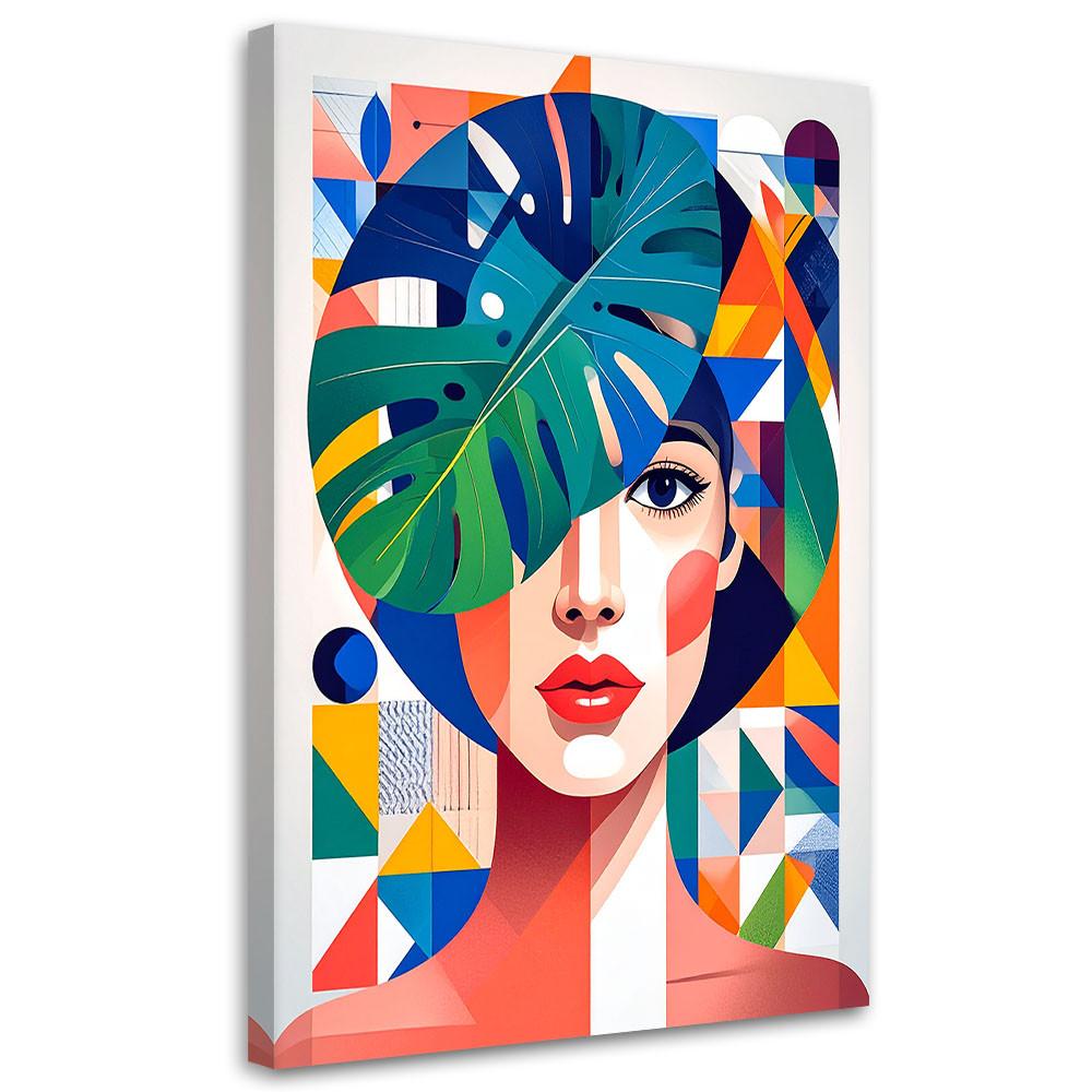LEINWANDBILD Frau mit Monstera-Blättern im Bauhaus-Stil 40x60cm - Multicolor, Textil (40/60cm) - Feeby