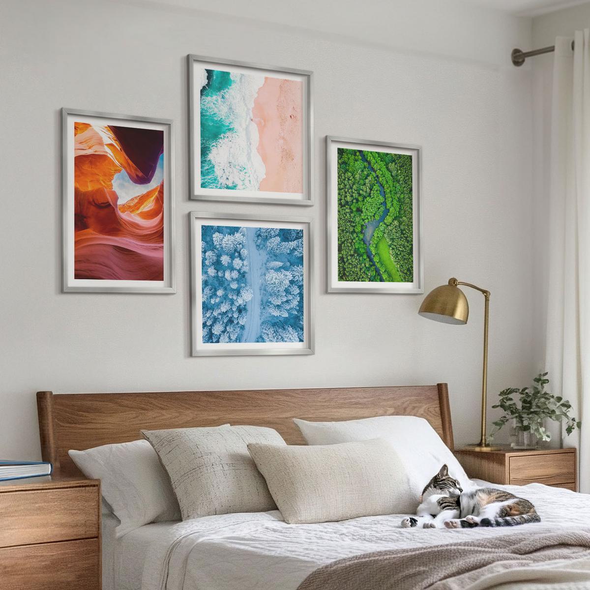 BILDER SET 4er Set - 50x50 cm & 40x60 cm Silberner Rahmen - Grün der Wasserschlucht im Winter - Silberfarben, Kunststoff (50/50cm) - TULUP