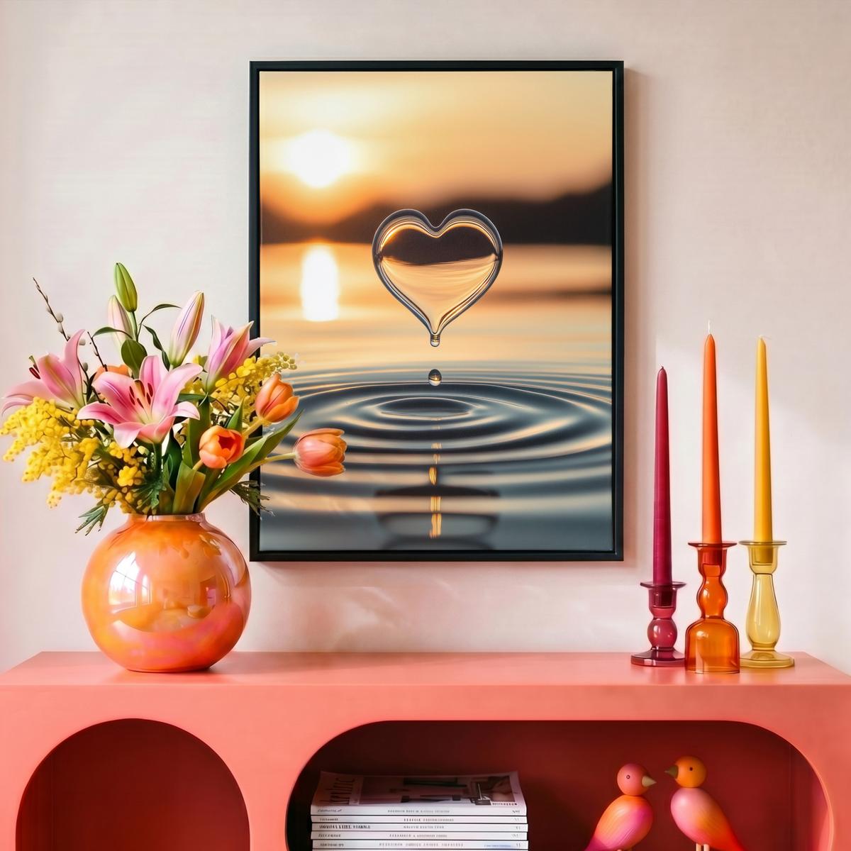 LEINWAND Bilder mit Rahmen - Herz - Wasser - Sonnenuntergang - Natur - Zen - 30x40 - Bernsteinfarben, Textil (30/40cm) - MuchoWow