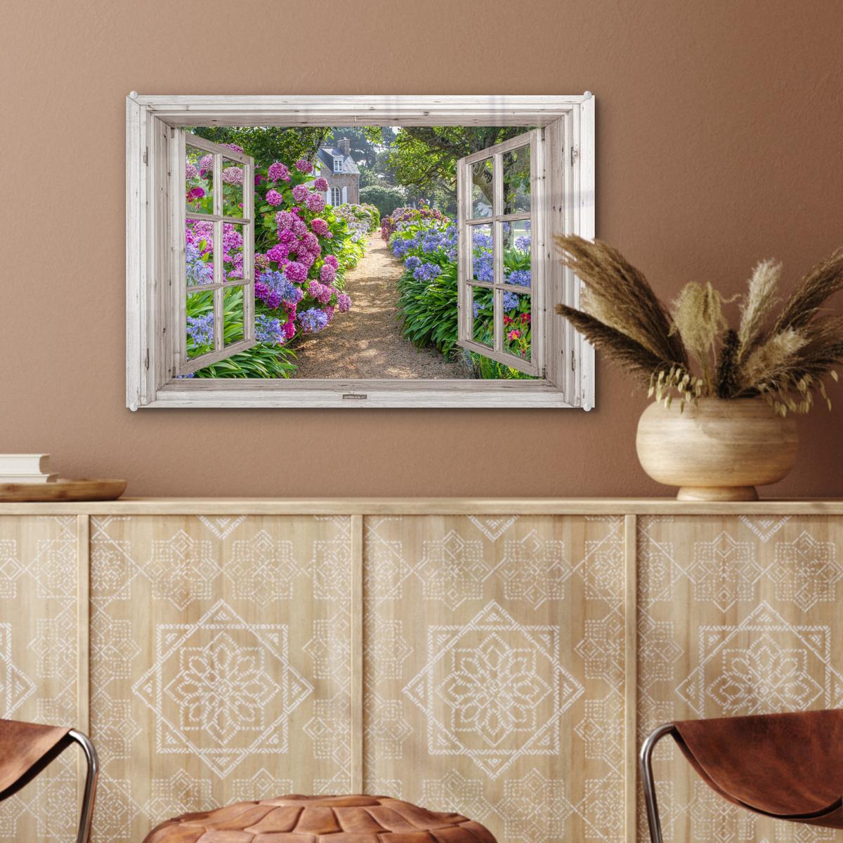ACRYLGLASBILD Hortensie - Durchsichtig - Blumen - Sommer - Lila - Weg Wanddeko 60x40 cm - Lila, Glas (60/40cm) - MuchoWow
