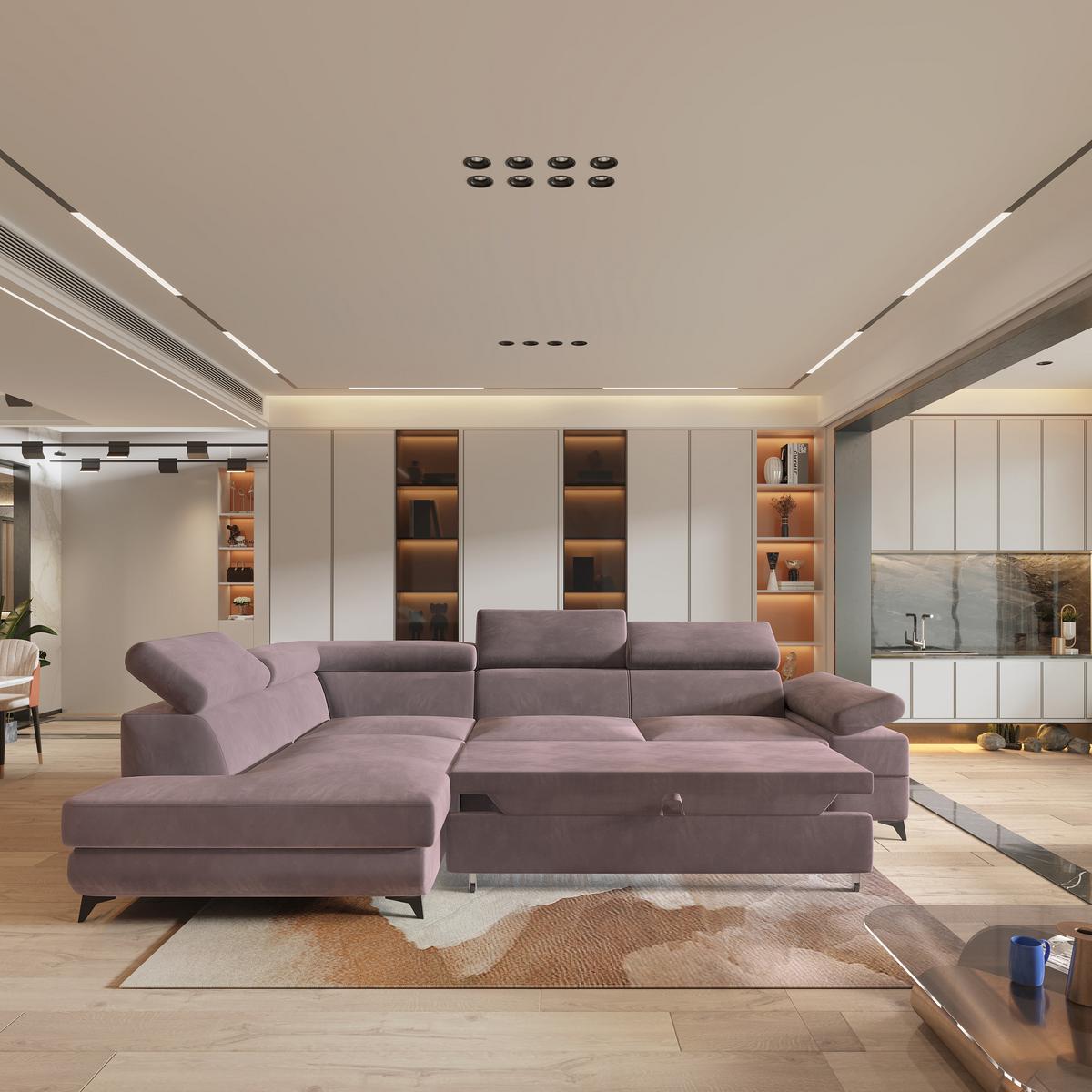 ECKSOFA FAVIEN L-S Lila Velours-Stoff mit Schlaffunktion - Lila, Holz (257/190cm) - MASSENO