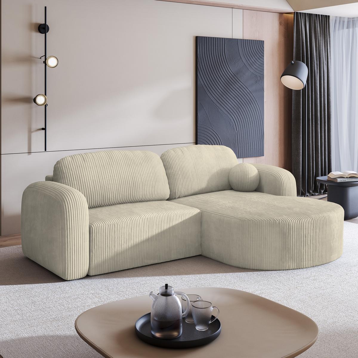 ECKSOFA AMILIA P R-S Creme Kordstoff mit Schlaffunktion - Creme, Holz (263/174cm) - MASSENO