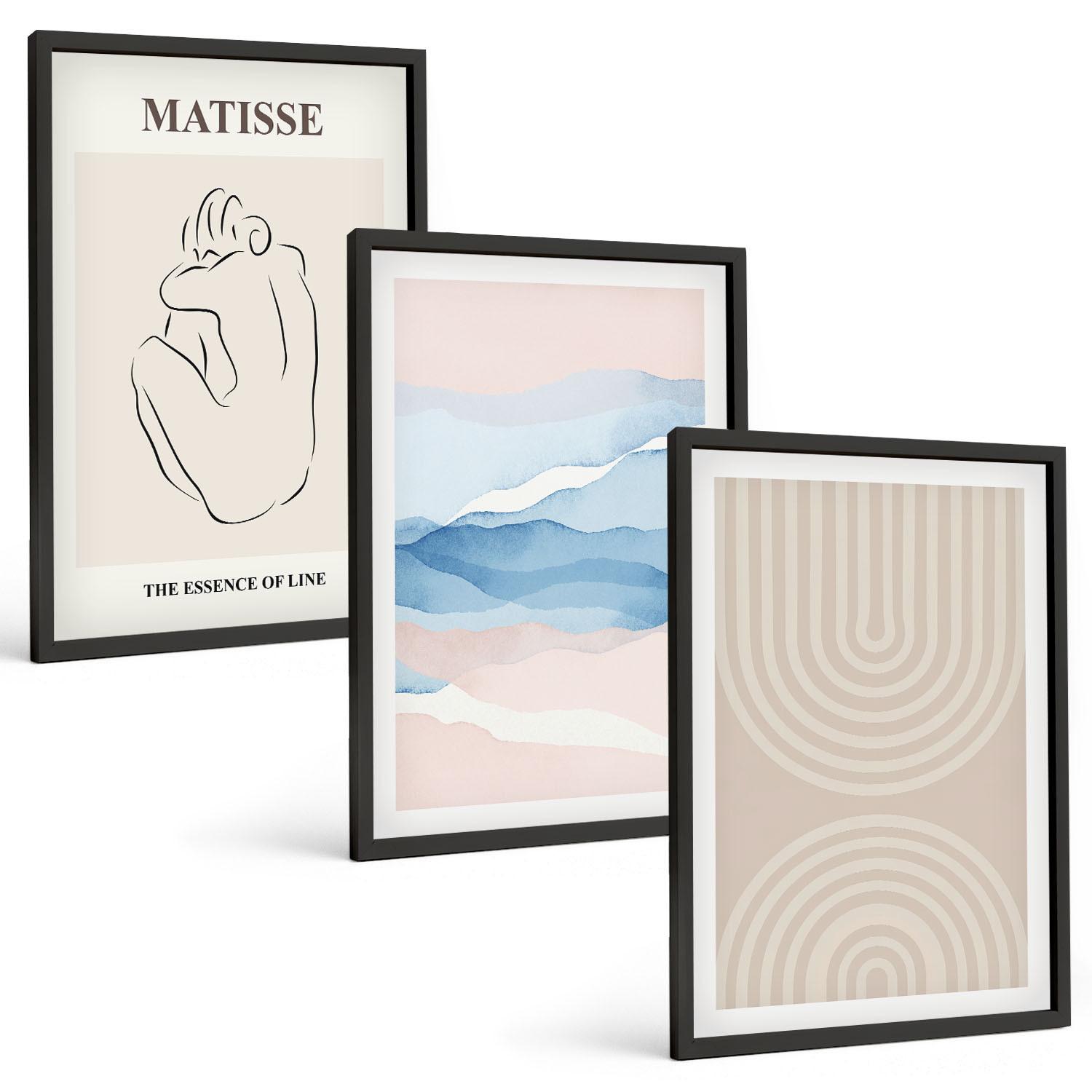 BILDER SET 3er Set - 40x60 cm Schwarzer Rahmen - Linien, Wellen, pastellfarbener Minimalismus - Schwarz, Kunststoff (40/60cm) - TULUP