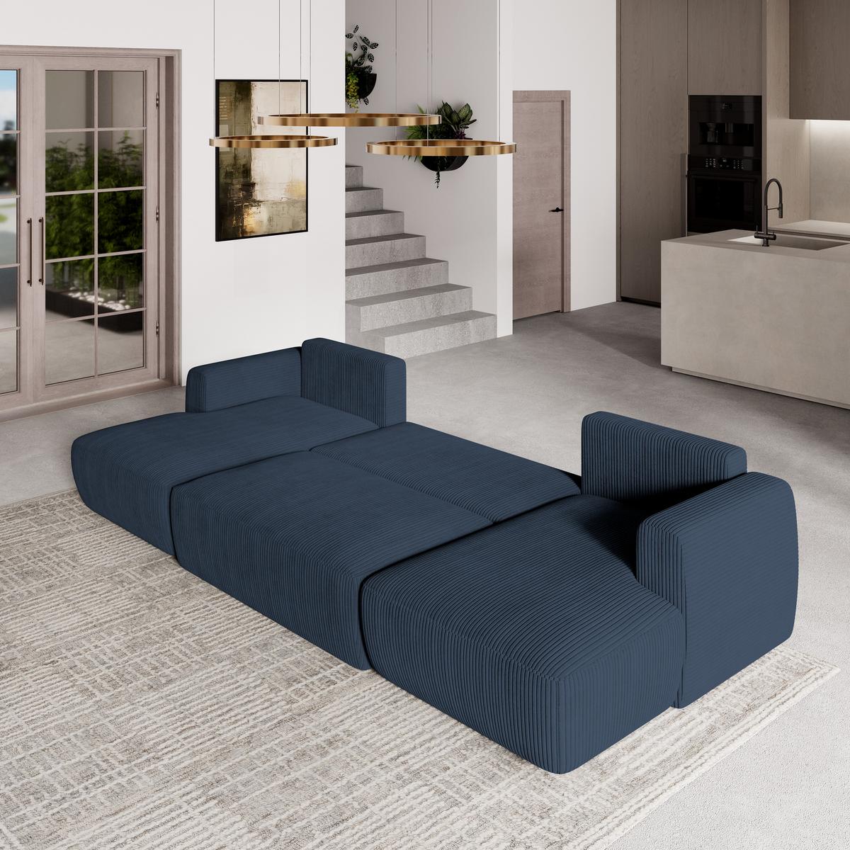 WOHNLANDSCHAFT SENTUM P Blau Kordstoff mit Schlaffunktion - Blau/Schwarz, Holz/Kunststoff (330/90/148cm) - MASSENO