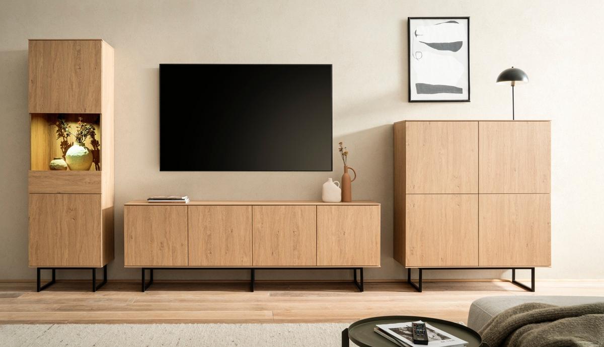 WOHNWAND Stone Eiche, 3-teilig 400 cm, Schrankwand mit Push-to-Open - Eichefarben/Schwarz, Holzwerkstoff/Metall (400/200/40cm) - Furn.Design