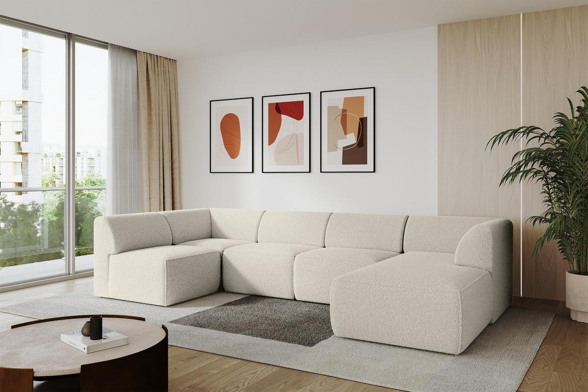 WOHNLANDSCHAFT Ottomane Rechts MOVO-L 345x180x78 cm Beige Bouclé - Hellbraun, Holzwerkstoff/Kunststoff (180/78/345cm) - ALTDECOR