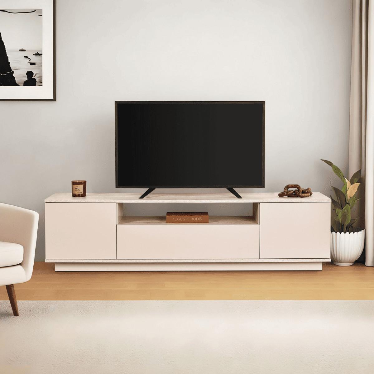 TV furniture with 3 folding doors and 1 niche, L180 cm - Beige, Holzwerkstoff (44.5/44.6/12cm) - Calicosy