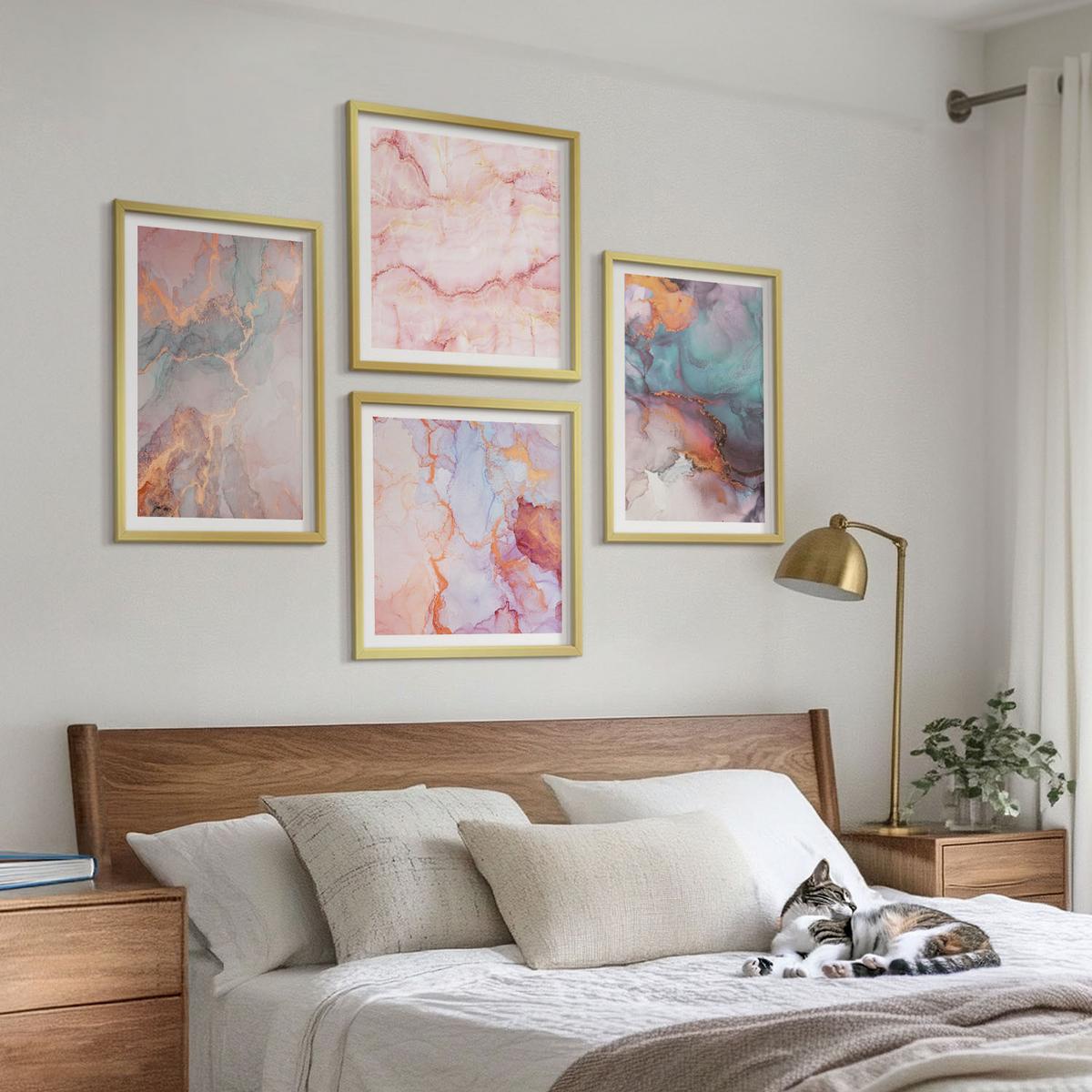 BILDER SET 4er Set - 50x50 cm & 40x60 cm Goldrahmen - Abstrakte Pastellmuster - Goldfarben, Kunststoff (50/50cm) - TULUP