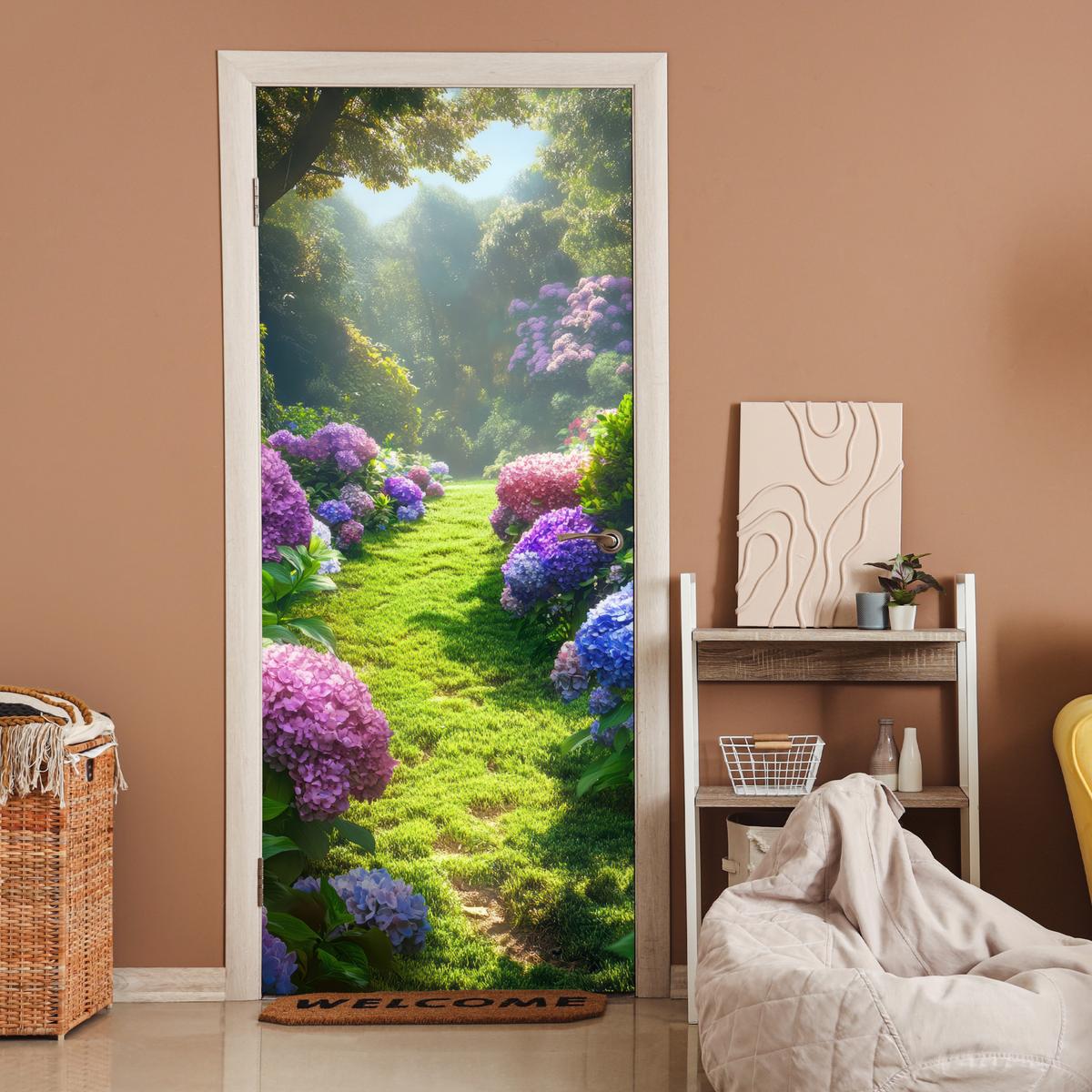 TÜRAUFKLEBER Natur - Hortensie - Blumen - Grün 90x215 cm - Türtapete - Hellgrün, Kunststoff (90/0.1cm) - MuchoWow