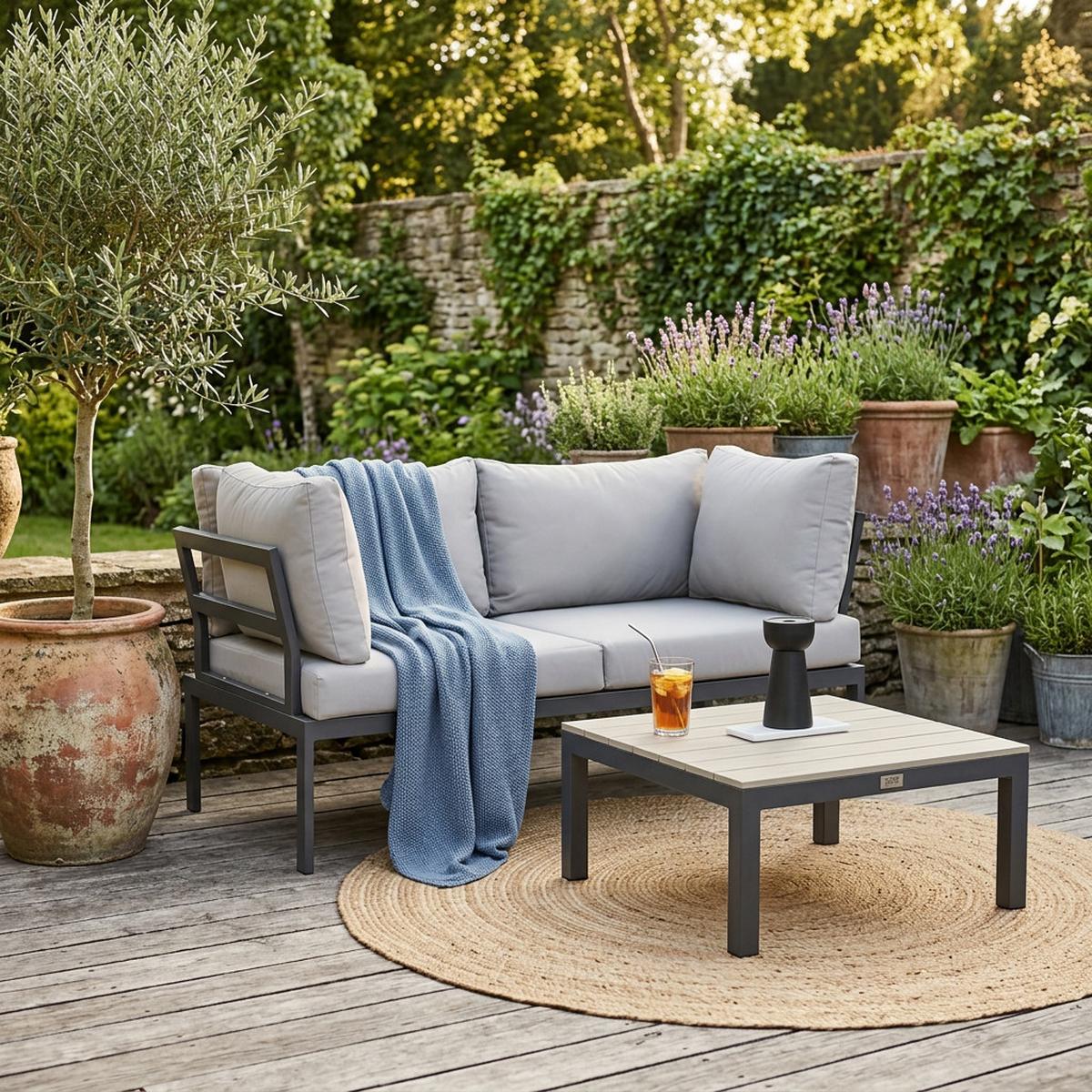 GARTENSET Santorini modulares Ecksofa mit Couchtisch, verzinkter Stahl, für 2 Personen - Hellgrau, Metall - Beautysofa