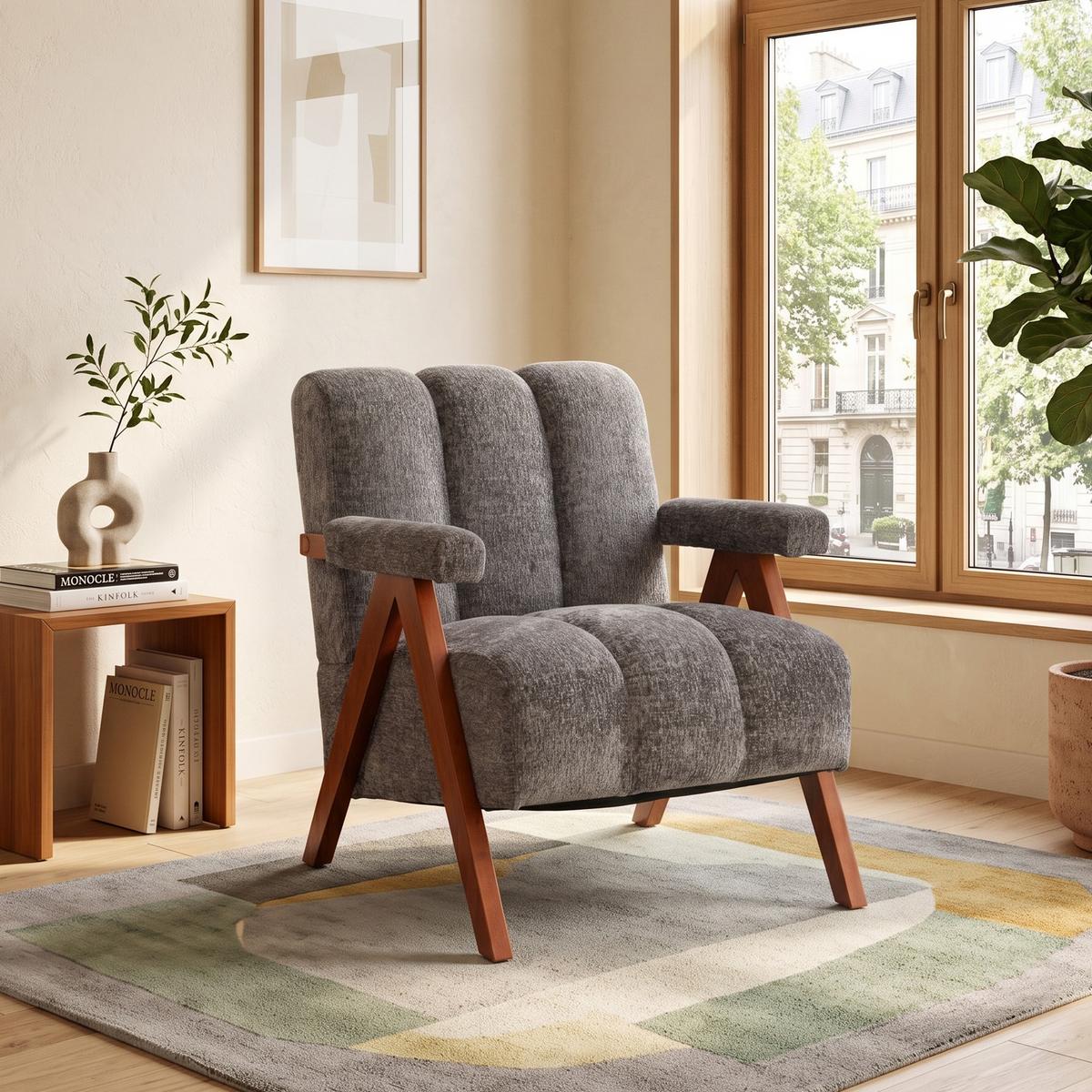 SESSEL Bouclé mit Massivholz-Rahmen Armlehnenstuhl - Grau, Textil (77/77/68.5cm) - Urban Meuble