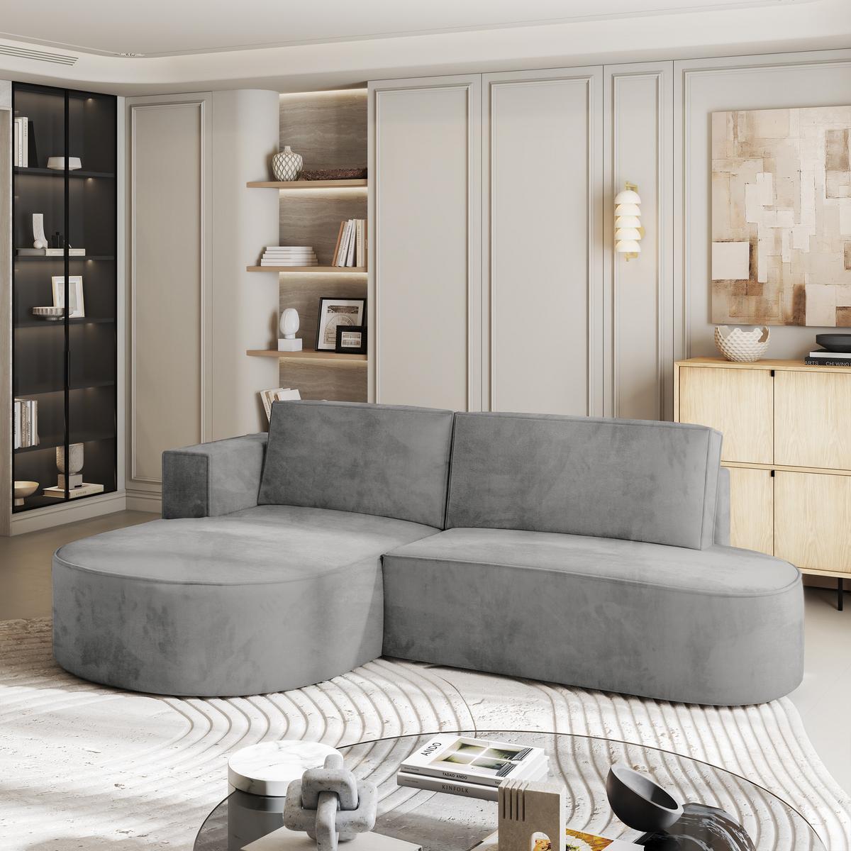 ECKSOFA CORTIO M L-S Grau Velours-Stoff mit Schlaffunktion - Grau, Holz/Kunststoff (265/174cm) - MASSENO