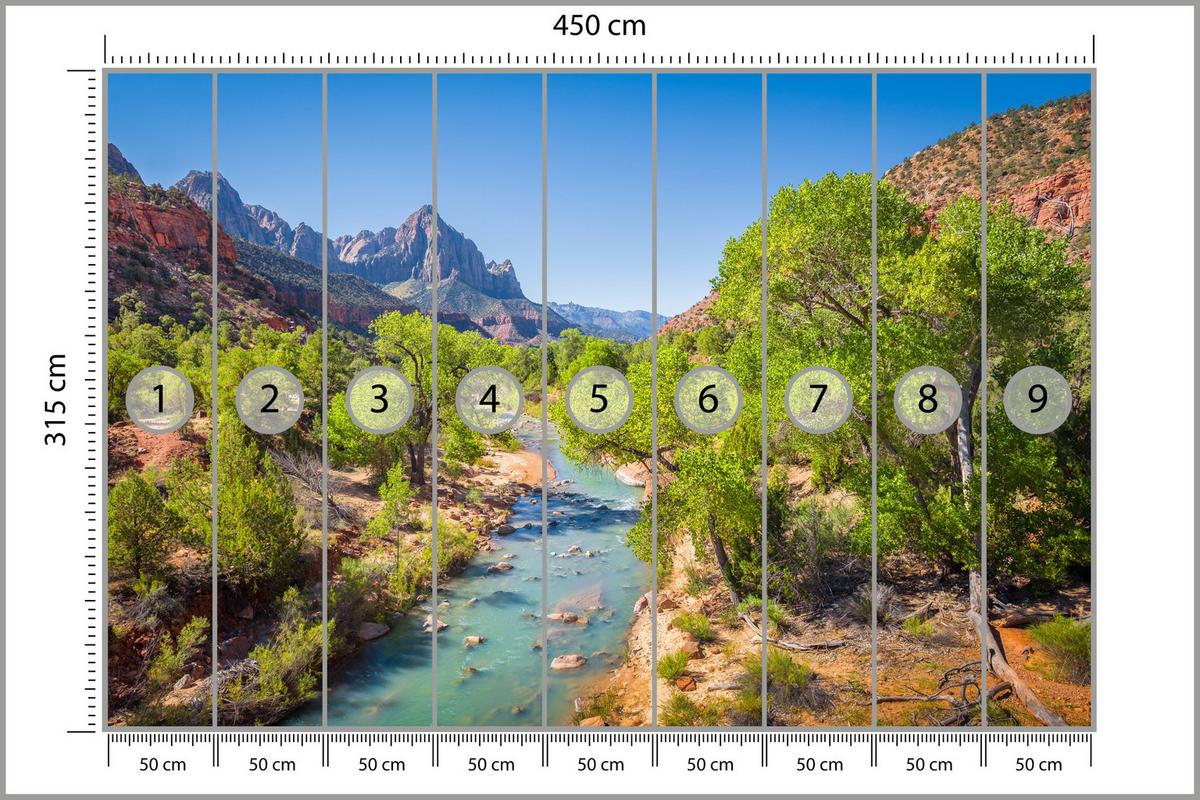FOTOTAPETE für Esszimmer Virgin River Bäume Felsen Berge Natur 450x315 - Türkis/Blau, Papier (450/315cm) - Muralo