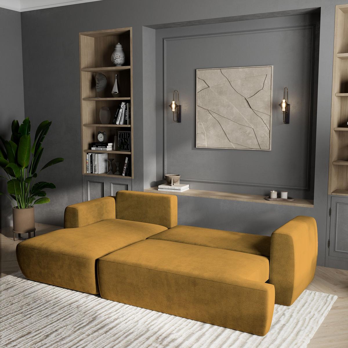 ECKSOFA SENTI K L-S Gelb Plüsch-Stoff mit Schlaffunktion - Gelb/Schwarz, Holz/Kunststoff (246/148cm) - MASSENO