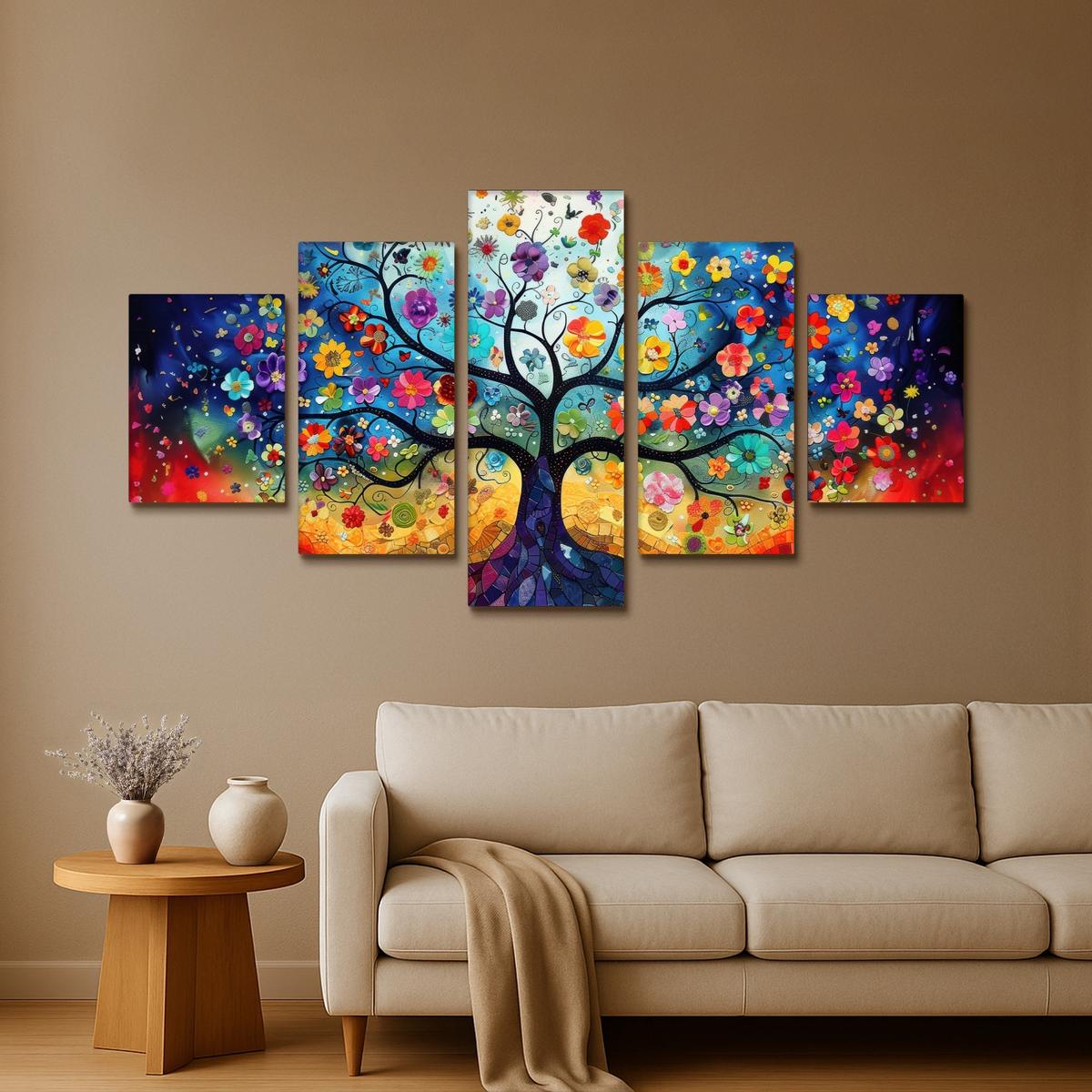 LEINWANDBILD 5er Set Bunt - Baum des Lebens - Blumen - Abstrakt 150x80 cm - Blau, Textil (150/80cm) - MuchoWow