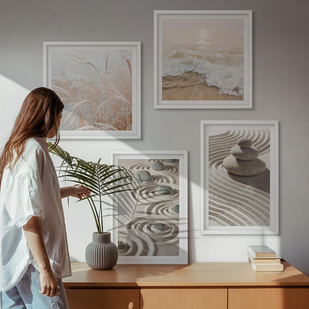 BILDER SET 4er Set - 50x50 cm & 40x60 cm Weißer Rahmen - Wellen, Sand, Wasser, Steine, Strand - Weiß, Kunststoff (50/50cm) - TULUP