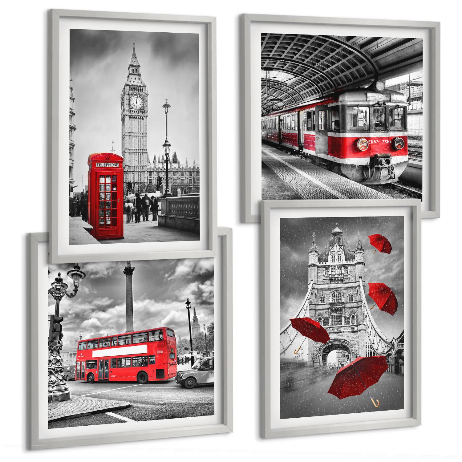 BILDER SET 4er Set - 50x50 cm & 40x60 cm Silberner Rahmen - Red Accents London - Silberfarben, Kunststoff (50/50cm) - TULUP