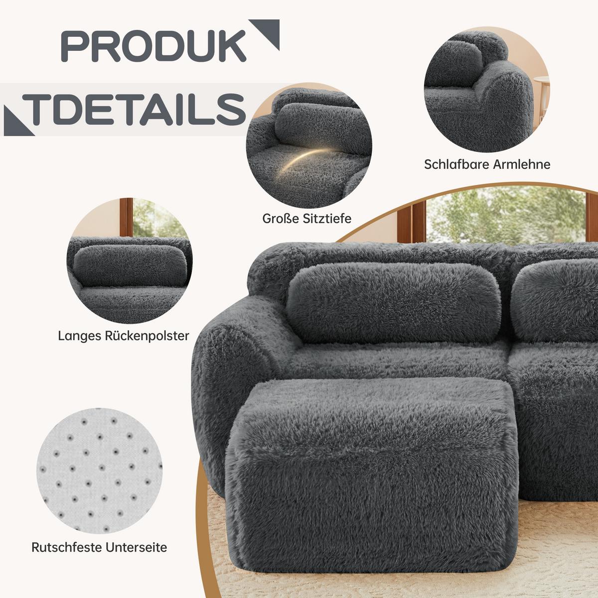 ECKSOFA plüsch grau modular & ohne montage - Grau, Textil (204/179cm) - Urban Meuble