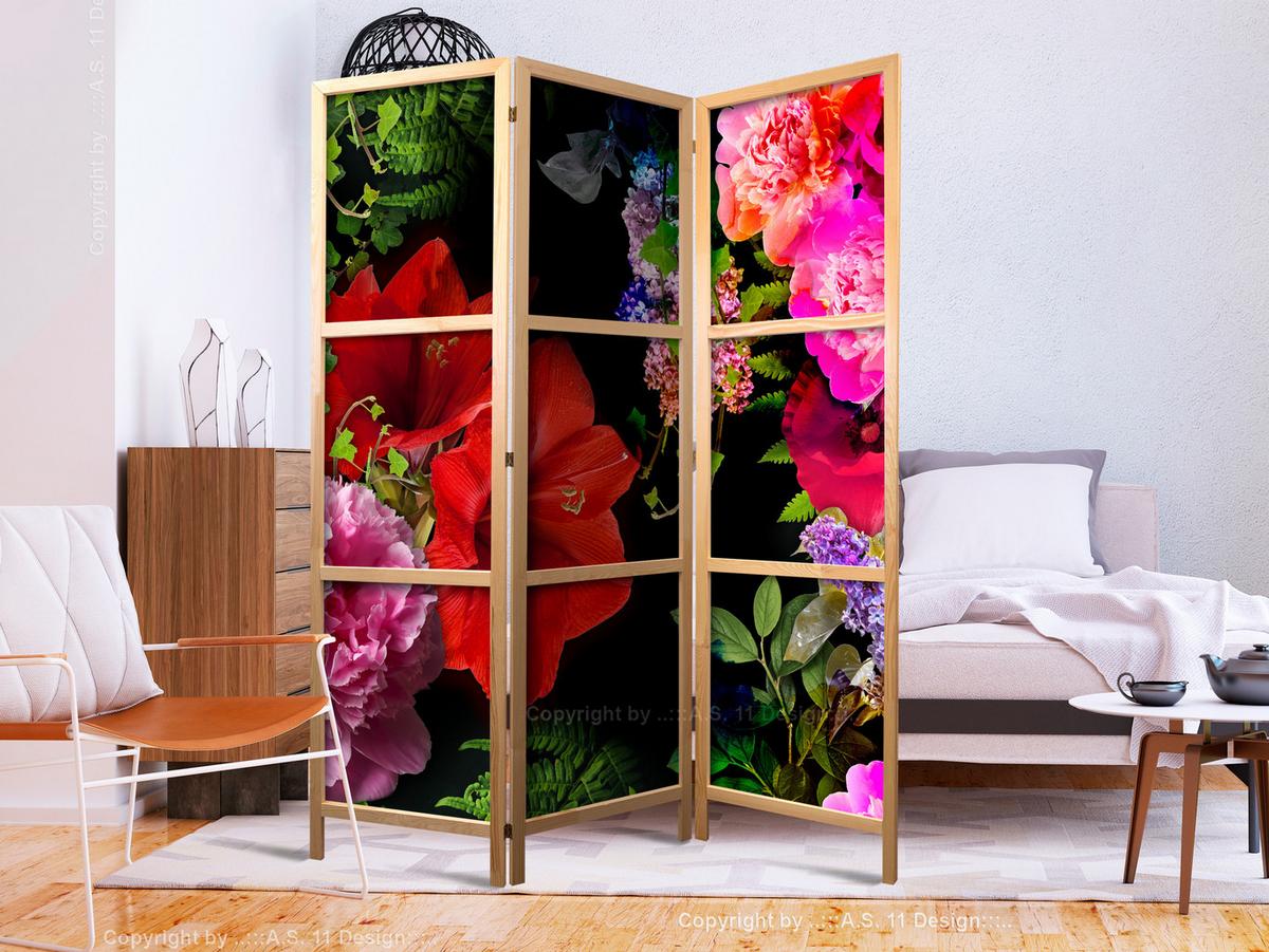 PARAVENT Japanischer 3-tlg 135x172 cm Bunte Blumen - Multicolor, Holz/Textil (135/172/3cm) - Muralo