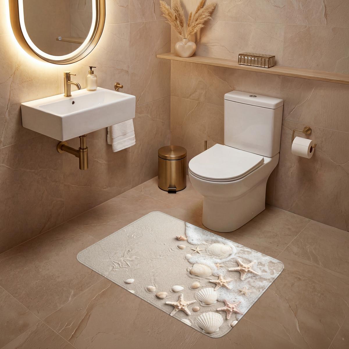 WC-VORLEGER Muscheln - Seesterne - Strand Toilettenteppich 90x60 cm - Sandfarben, Textil (90/1cm) - OnlyWow