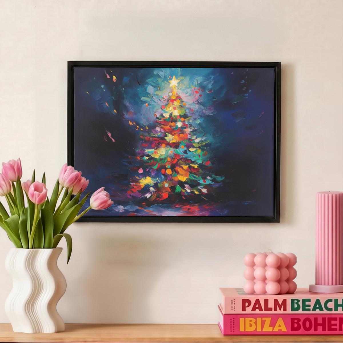 LEINWAND Bilder mit Rahmen - Weihnachtsbaum - Weihnachten - Abstrakt - Farbenfroh - 40x30 - Multicolor, Textil (40/30cm) - MuchoWow