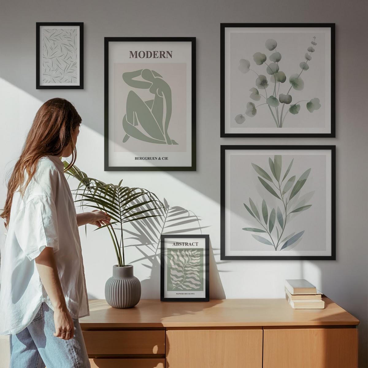 BILDER SET 5er Set - 50x50 cm & 20x30 cm & 40x60 cm Schwarzer Rahmen - Matisse entwirft Boho-Pflanzen - Schwarz, Kunststoff (40/60cm) - TULUP