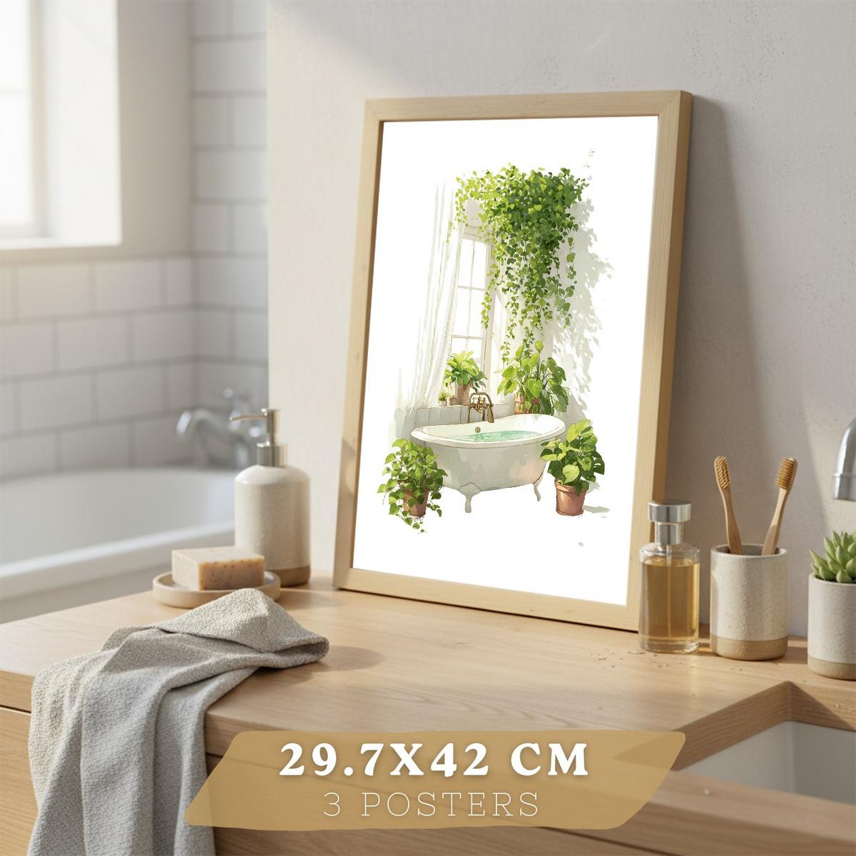 POSTER 3er-Set dekorative Badezimmerbilder, Wanddeko, im botanischen Stil, für Toilette, grüne Pflanzen Leichter Holzrahmen A3 - Beige, Papier (42/29.7/3cm) - Nacnic