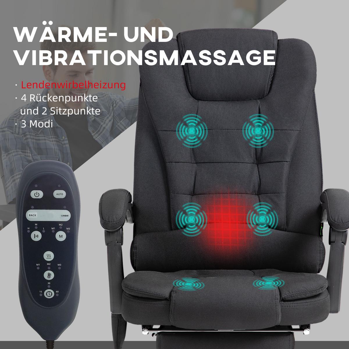 CHEFSESSEL mit Massagefunktion, Schreibtischstuhl mit Liege- & Wärmefunktion - Silberfarben/Schwarz, Kunststoff/Textil (70/119/65cm) - Vinsetto