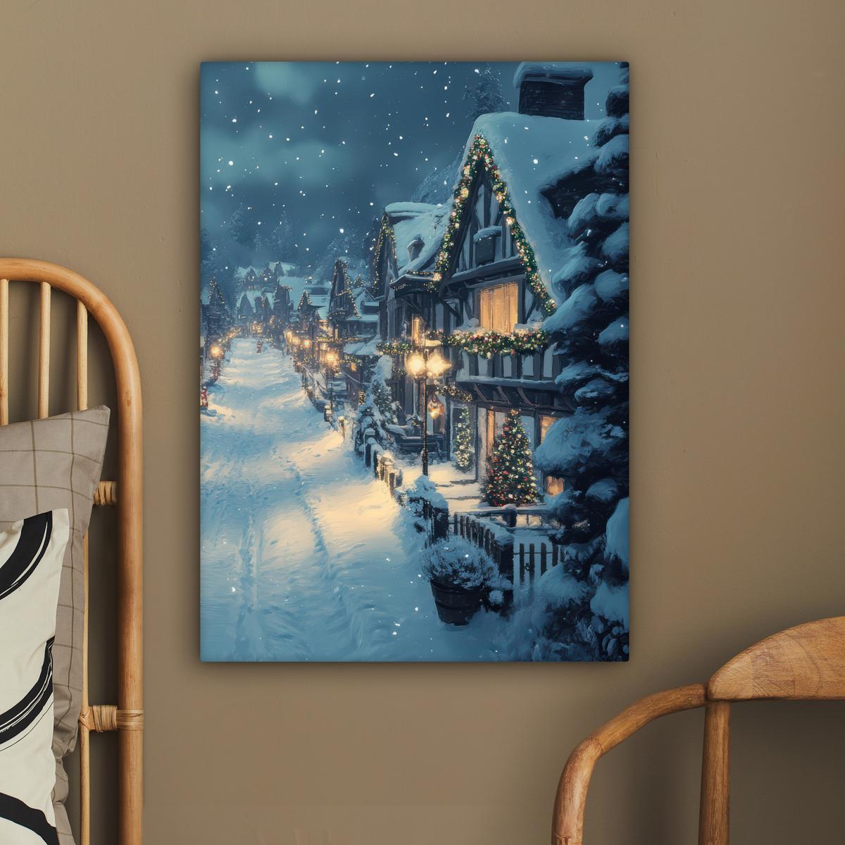 LEINWANDBILD Weihnachtsdorf - Weihnachten - Schnee - Winter Wandbild Wohnzimmer 60x80 cm - Dunkelblau, Textil (60/80cm) - MuchoWow
