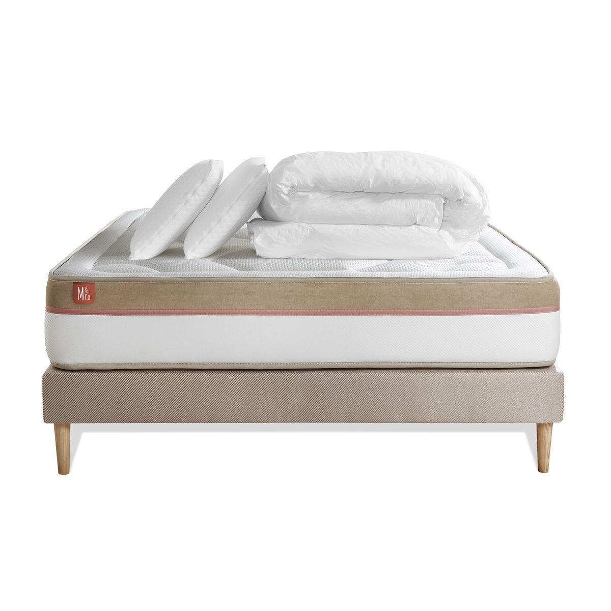 BETT Le Cosy Memory-Schaum 180 x 200 cm h3 - Kit Bettgestell Beige - Mit Kissen und Bettdecke - Beige, Karton/Holz (180/200cm) - Marmottes & Co