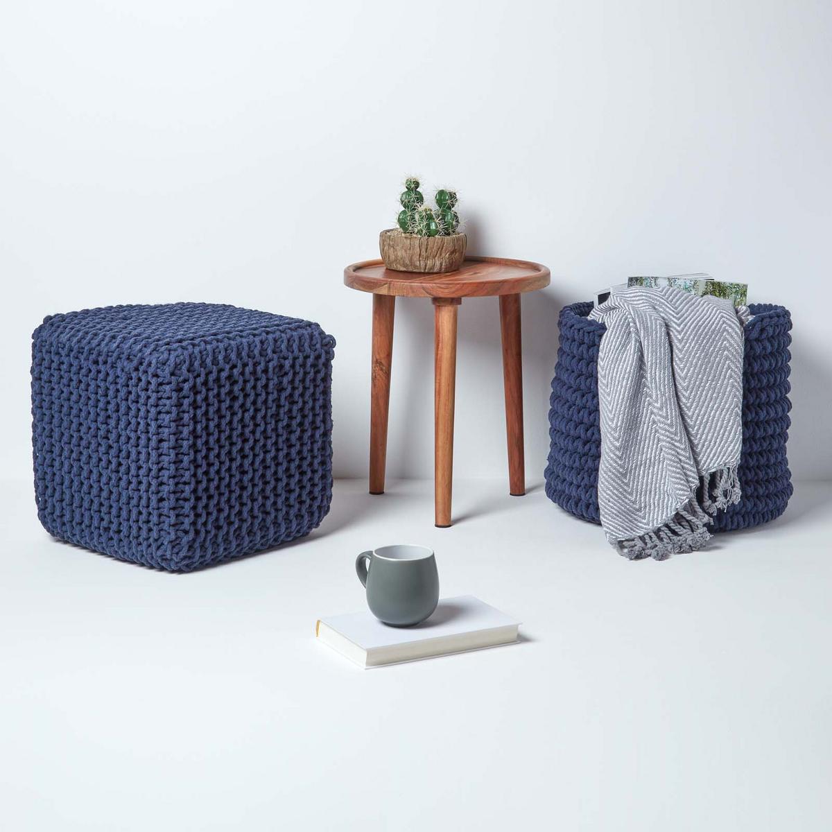 STRICK-POUF dunkelblau, Sitzwürfel 35/35/35 cm - Dunkelblau, Textil (35/35/35cm) - Homescapes