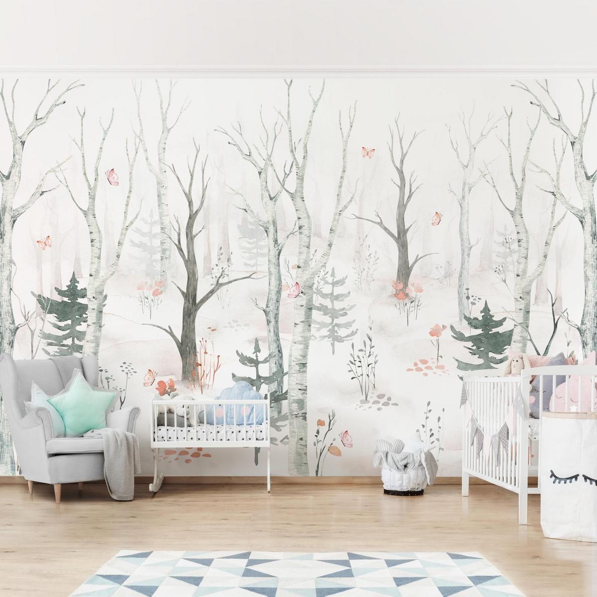 FOTOTAPETE Birkenwald mit Mohnblumen 432/290 cm - Eichefarben, Papier (432/290cm) - Bilderwelten