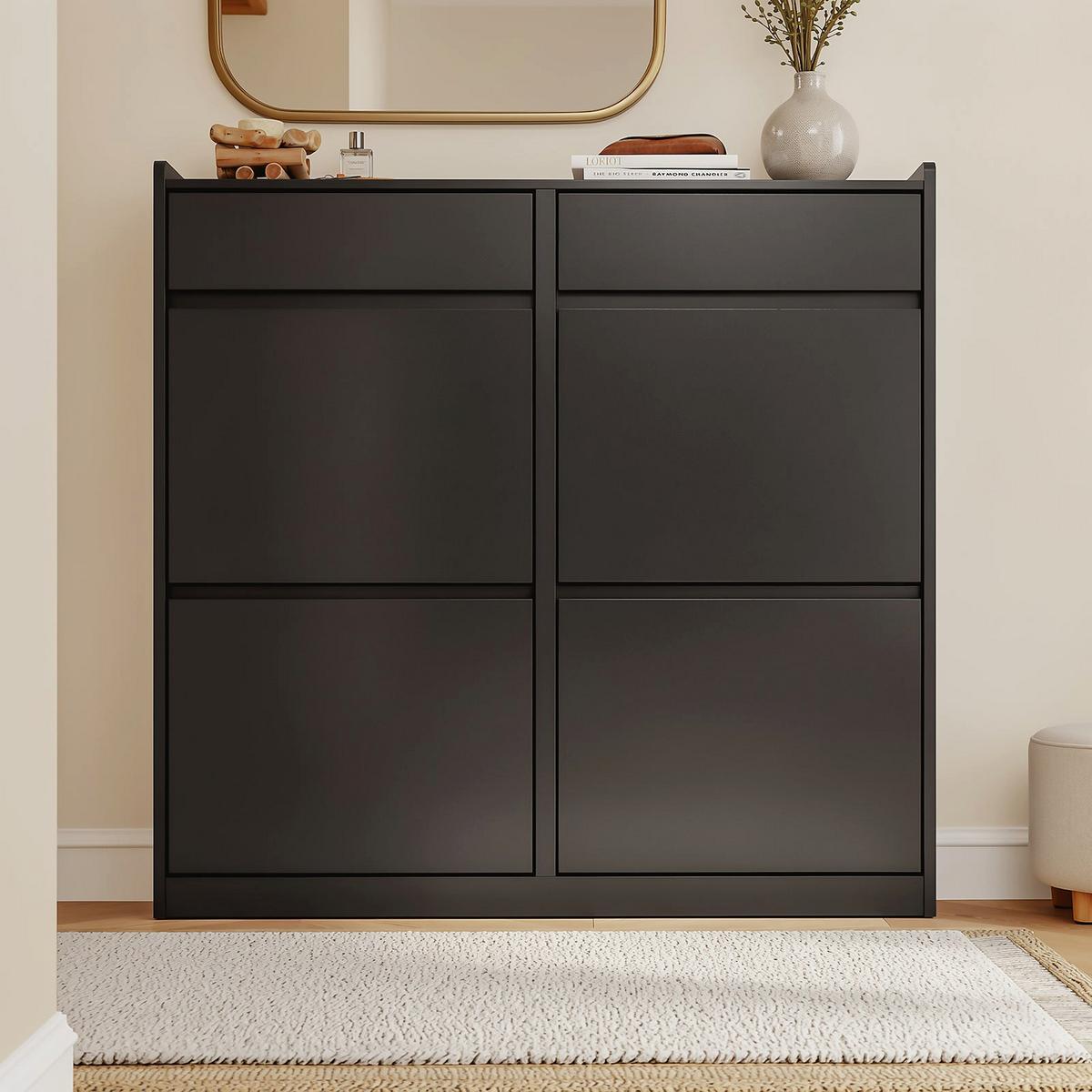 SCHUHKIPPER mit 4 Klappen und 2 Schubladen, Schwarz 98x19x95 cm - Schwarz, Holzwerkstoff (98/95/19cm) - SoBuy