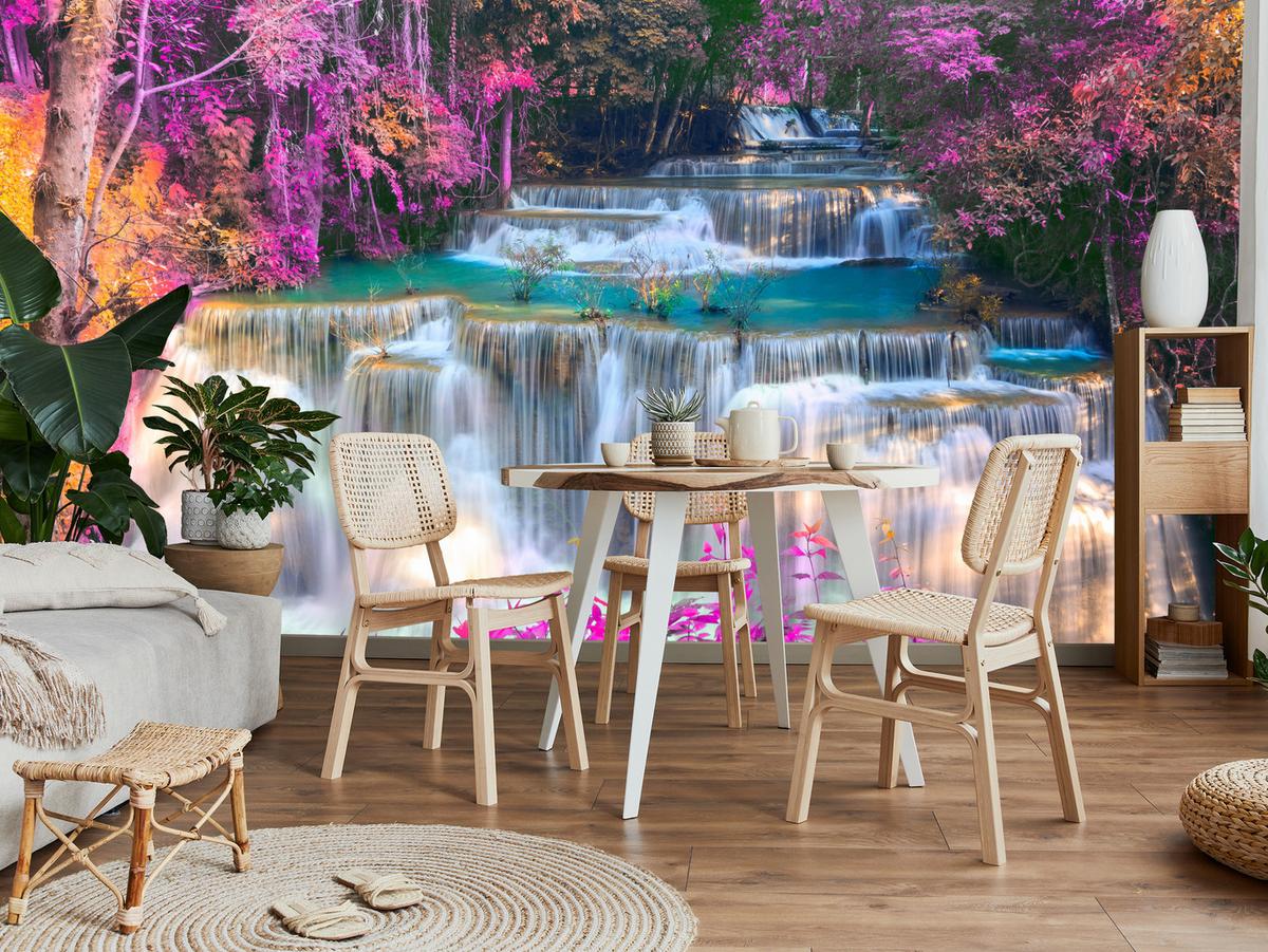 FOTOTAPETE für Schlafzimmer Wasserfall Pinker Wald Fantasie 300x210 - Türkis/Beige, Papier (300/210cm) - Muralo
