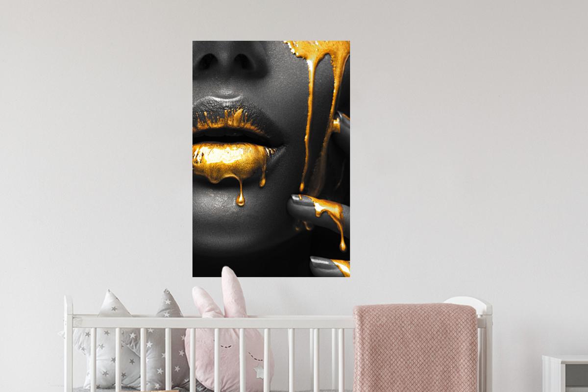WANDTATTOO Frau - Schwarz - Gold - Gesicht - Lippen Wandbild 40x60 cm - Goldfarben, Kunststoff (40/60/0.1cm) - MuchoWow