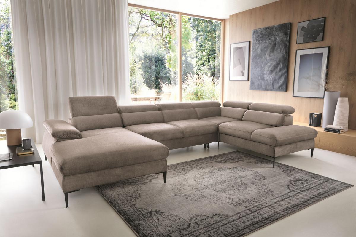 WOHNLANDSCHAFT MESTO Braun Velours-Stoff mit Schlaffunktion - Braun, Holz (353/94/182cm) - MASSENO