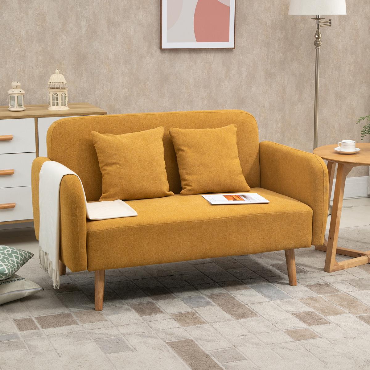 2 Sitzer Sofa, Couch mit 2 Wurfkissen, gepolsterter Doppelsofa mit Samtopik - Currygelb, Kunststoff (70/80/130cm) - HOMCOM