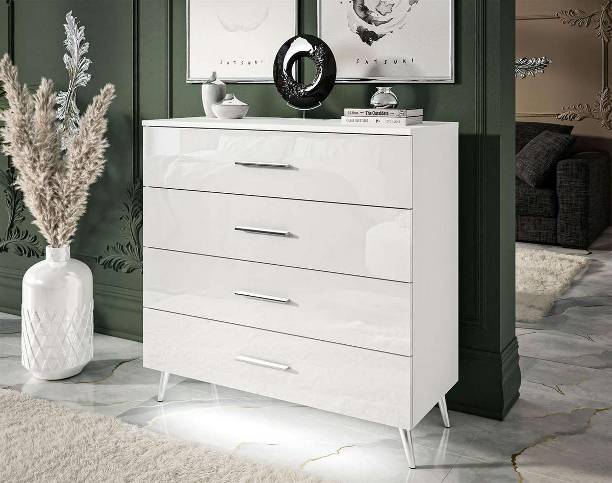 KOMMODE AURA GRIFFE mit Schubladen Beinfarbe – Chrom - Weiß, Holzwerkstoff (95/90/40cm) - Lookway