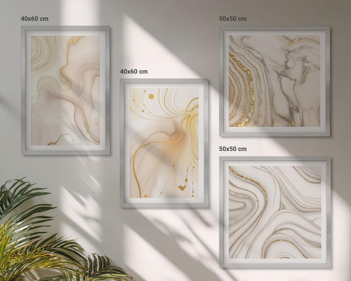 BILDER SET 4er Set - 50x50 cm & 40x60 cm Silberner Rahmen - Subtile abstrakte Muster - Silberfarben, Kunststoff (50/50cm) - TULUP