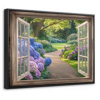 LEINWAND Bilder mit Rahmen - Aussicht - Garten - Fenster - Hortensie - Blumen - 40x30 - Pastellblau, Textil (40/30cm) - MuchoWow