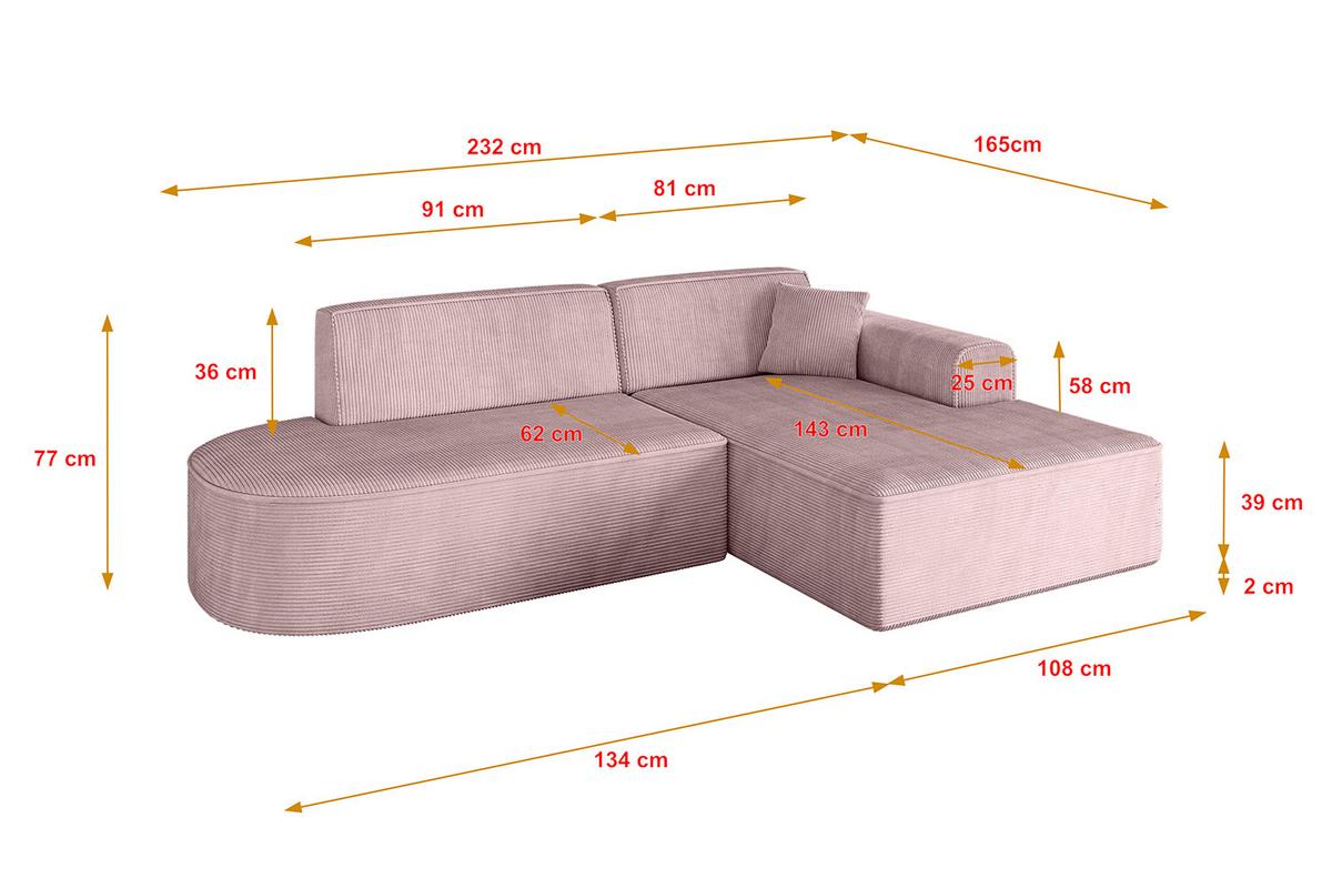 ECKSOFA Ottomane Rechts IREA-L1-v3 - 232x165x77 cm Rosa - Rosa, Holzwerkstoff/Textil (232/165cm) - ALTDECOR