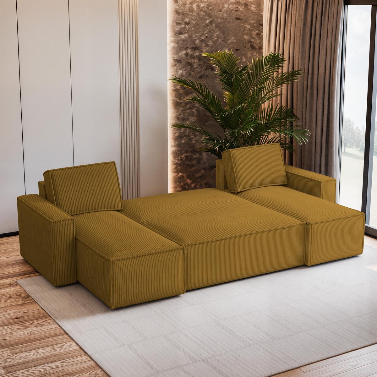 WOHNLANDSCHAFT PESANO P Gelb Kordstoff mit Schlaffunktion - Gelb/Grau, Holz/Kunststoff (306/85/140cm) - MASSENO