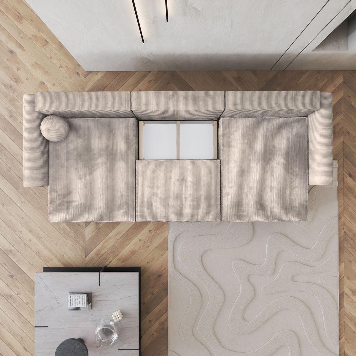 WOHNLANDSCHAFT FENTO P Creme Kordstoff mit Schlaffunktion - Creme/Grau, Holz/Kunststoff (347/90/148cm) - MASSENO