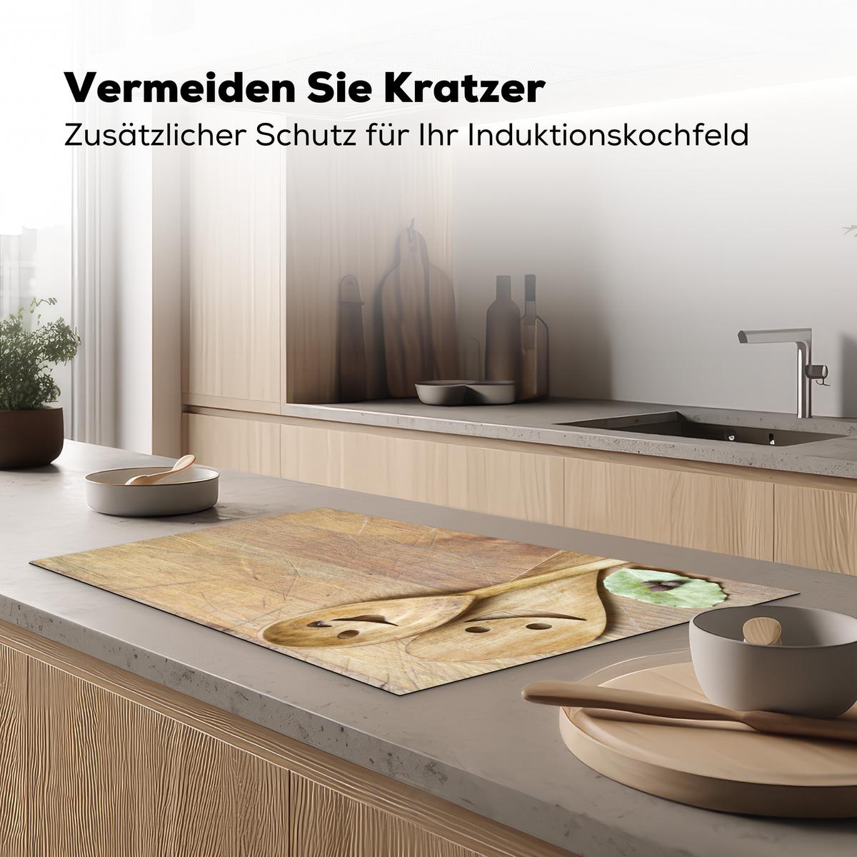 HERDABDECKPLATTE Holz - Löffel - Braun - Smiley Ceranfeldabdeckung 85x52 cm - Hellbraun, Kunststoff (85/52/0.2cm) - MuchoWow