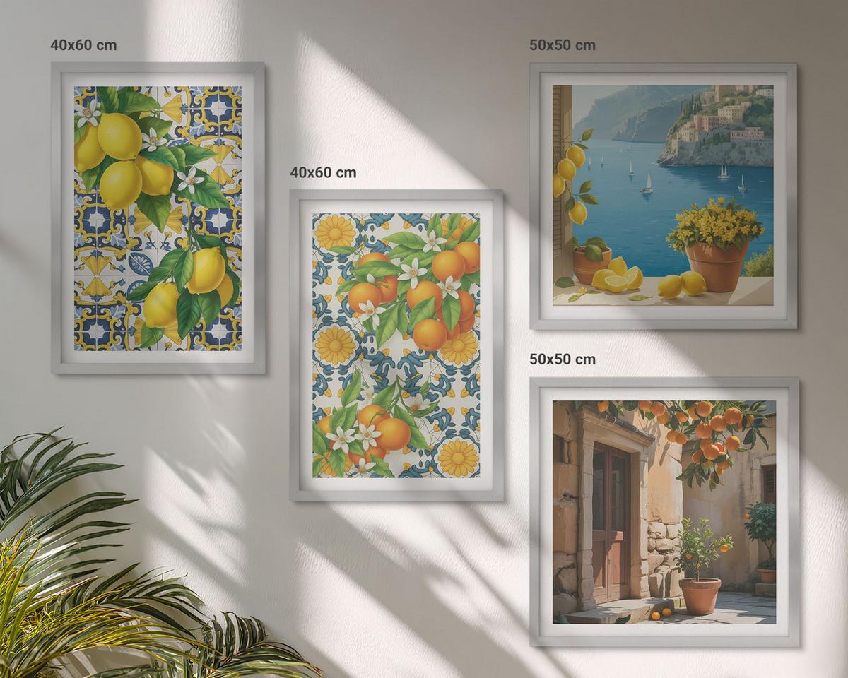 BILDER SET 4er Set - 50x50 cm & 40x60 cm Silberner Rahmen - Zitronen, Blumen, Orangen, Italien - Silberfarben, Kunststoff (50/50cm) - TULUP