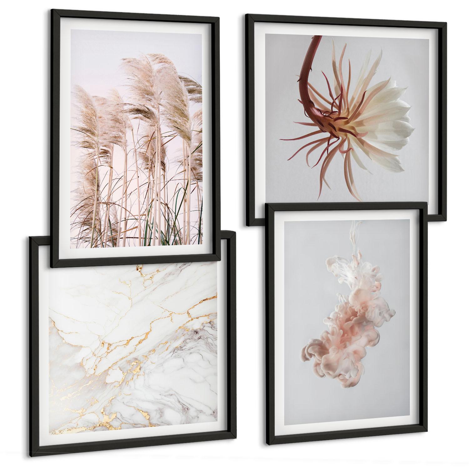BILDER SET 4er Set - 50x50 cm & 40x60 cm Schwarzer Rahmen - Elegante Gräser, Blumen, Marmor - Schwarz, Kunststoff (50/50cm) - TULUP