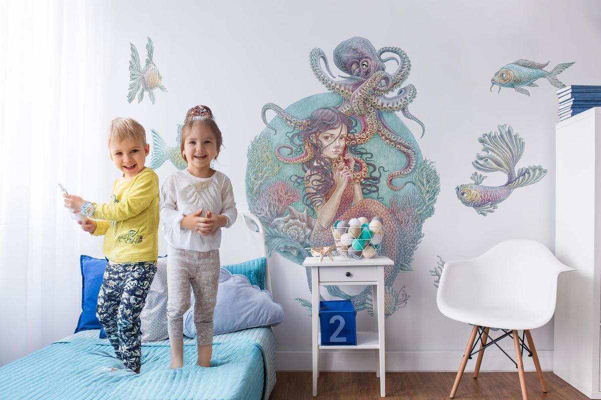 WANDAUFKLEBER 100x112cm - Unterwasser-Meerjungfrauen - Multicolor, Kunststoff (100/112/0.1cm) - Wallfluent